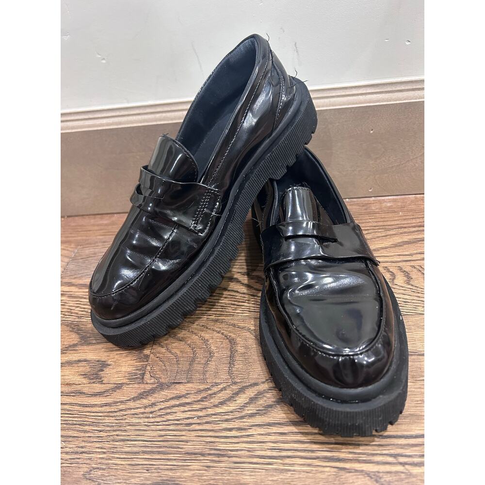 Zara Womens Sz 38 Black Patent Leather Chunky Lug Sole Loafers Whimsigoth Grunge